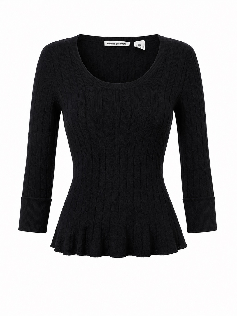 Autumn Cashmere Black Cable Peplum Scoop-Neck Sweater, XS